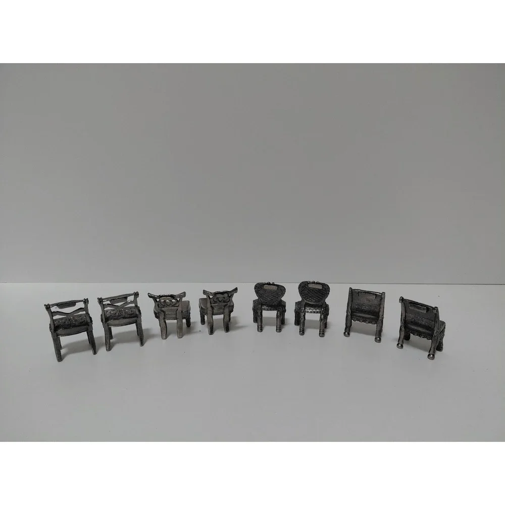 Vintage Miniature Pewter Chairs Set of 8 Victorian Dollhouse Furniture Six Trees